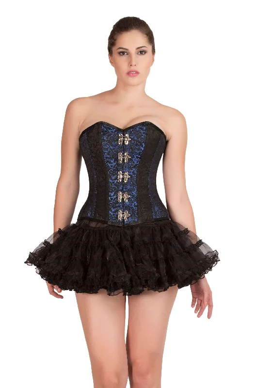 Corset top with balloon sleeves-Blue Black Brocade Gothic Steampunk Bustier Waist Training Overbust Corset Top