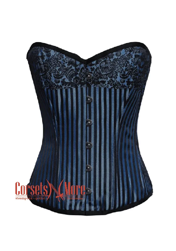 Corset dress in black leather-Blue and Black Corset Brocade Gothic Burlesque Costume Waist Training Bustier Overbust Top