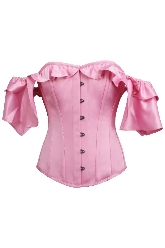 Corset dress with caped sleeves-Skye Baby Pink Satin Corset With Off The Shoulder Frilled Sleeves