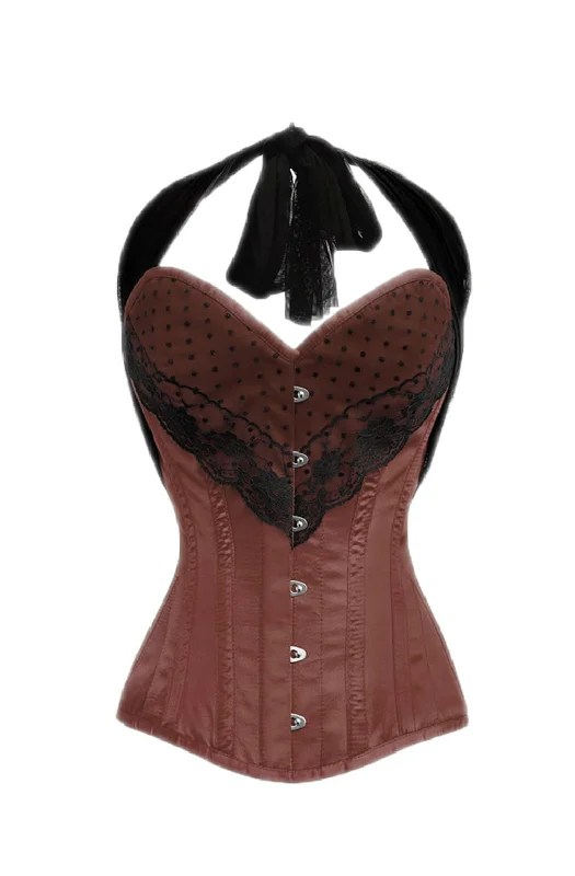 Corset top in mosaic print-Brown Satin Corset Black Net Halter Neck Waist Training LONGLINE Overbust Costume