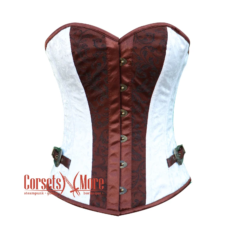 Corset in white lace-Brown And White Brocade Burlesque Gothic Costume Overbust Corset Overbust Top