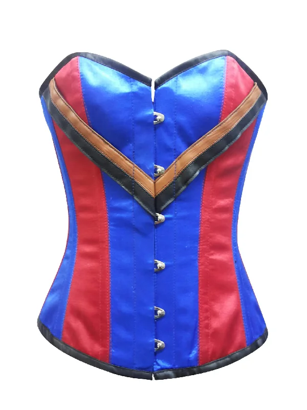 Corset with floral embroidery-Women’s Red Blue Satin V Leather Straps Gothic Steampunk Waist Training Bustier Burlesque Overbust Corset Costume