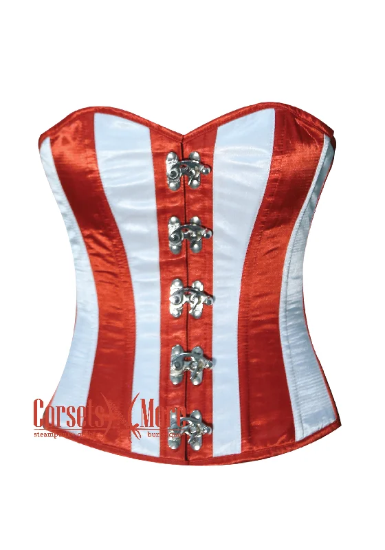 Corset with feather trim-White And Red Stripes Burlesque Overbust Bustier Waist Training Corset