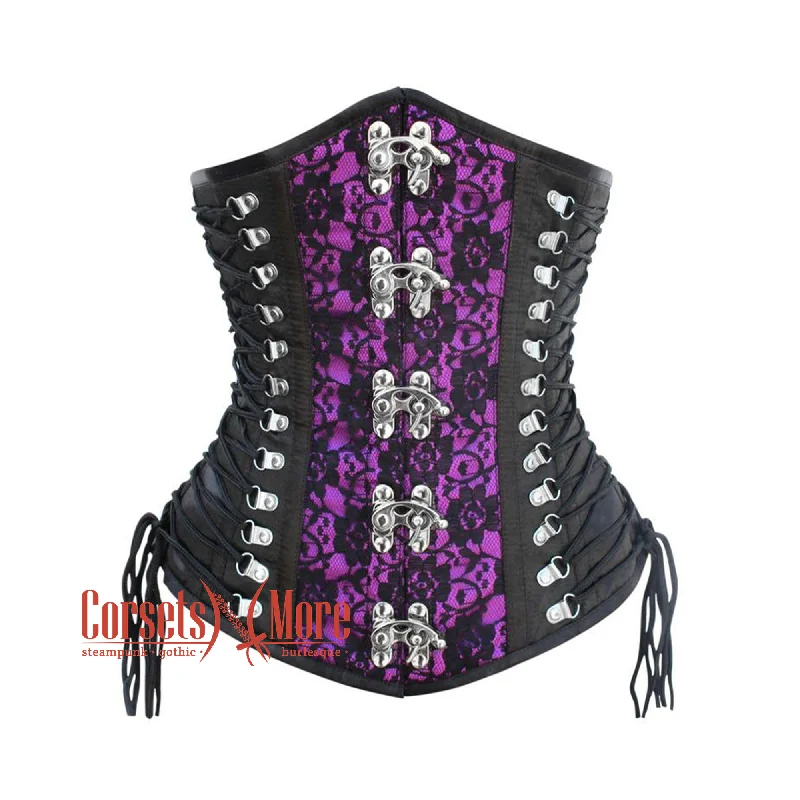 Corset dress with bell sleeves-Plus Size Purple And Black Satin Net Overlay Gothic Waist Training Steampunk Underbust Corset