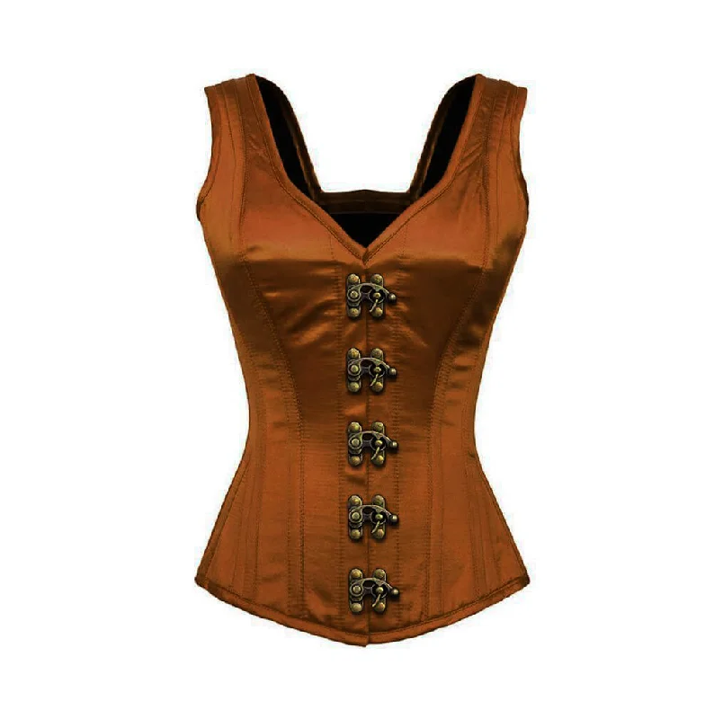 Corset top in star print-Brown Satin Shoulder Straps Gothic Burlesque Corset Waist Training Overbust