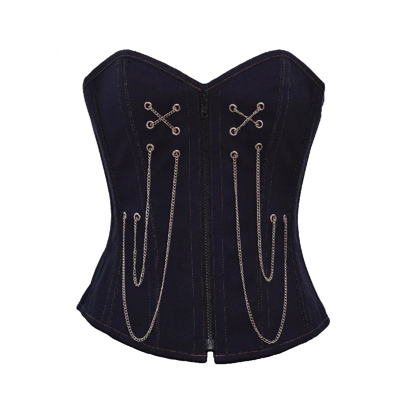 Corset top with scoop neck-Blue Denim Black Zip Gothic Steampunk Corset Overbust Waist Cincher