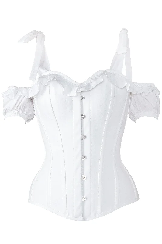 Corset with side zipper-Bobin White Cotton Overbust Corset With Strap