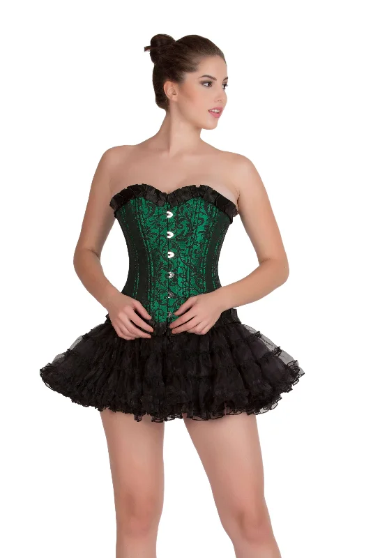 Corset for fashion layering-Green Black Brocade with Frills Double Bone Gothic Burlesque Bustier Waist Training Overbust Corset Top