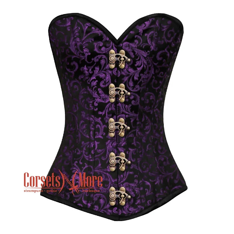 Corset in pale gold-Purple And Black Brocade Antique Clasps Gothic Corset Burlesque Overbust Top