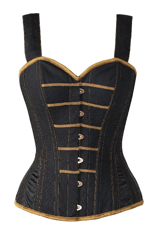 Corset top with straps-Spinazzola Black Denim Military Inspired Shoulder Strap Corset