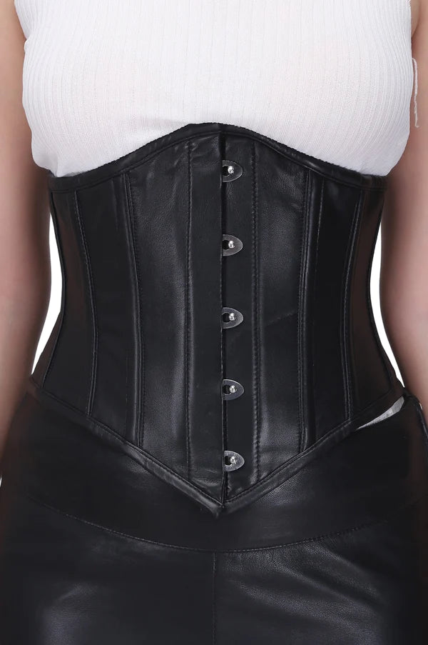 Corset with sheer lace-Peak Perfection Underbust Corset in Black Leather