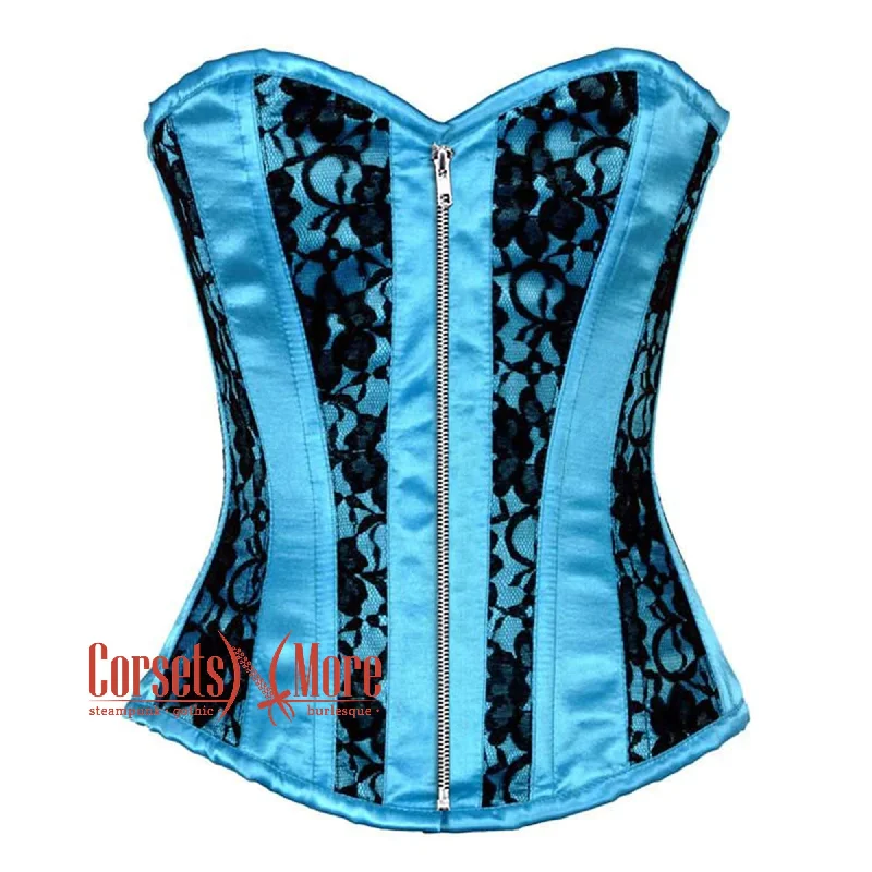 Corset with garter straps-Plus Size  Baby Blue Satin With Black Net Front Zipper Gothic Overbust Burlesque Corset