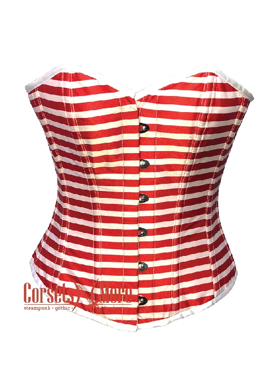 Corset top in plaid design-Red and White Horizontal Striped Satin Gothic Costume Waist Training Overbust Bustier Top