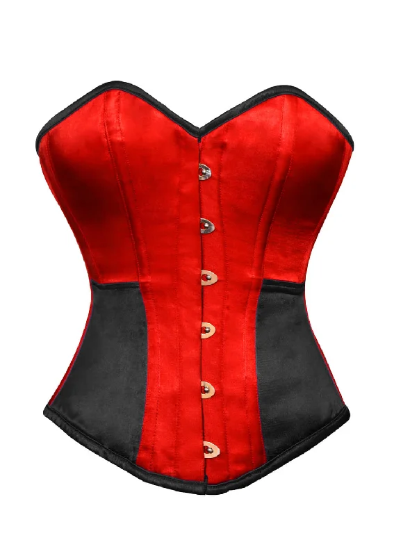 Corset top with round neckline-Red Black Satin Corset Gothic Burlesque Waist Training Bustier Overbust Costume