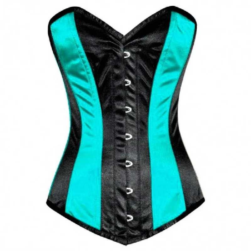 Corset with satin ribbons-Baby Blue & Black Glossy Satin Burlesque Corset Waist Training LONGLINE Aqua Overbust Mesh Corset