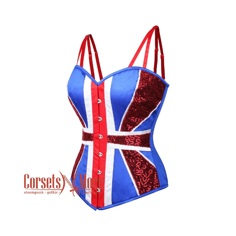 Corset for costume parties-Plus Size Blue And  White Satin With Red Sequins UK Flag Goth Burlesque Overbust Corset With Red Stripes