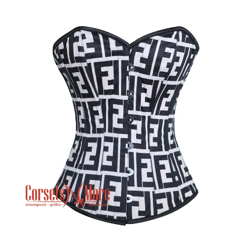 Corset dress with fitted bodice-Black And White Print Overbust Burlesque Waist Training Corset Top