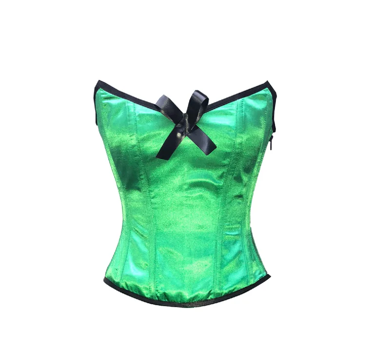 Corset for classic style-Green Satin Corset Zipper with Black Bow Gothic Burlesque Mardi Gras Costume Waist Training Overbust Top