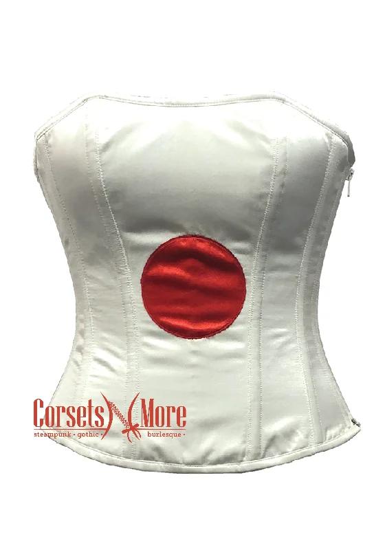 Corset top with corset lacing-Plus Size Japan Flag Red and White Satin Gothic Costume Waist Training Overbust Bustier Top