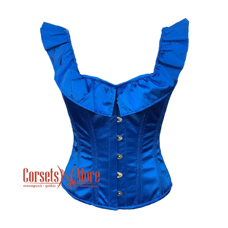 Corset for evening elegance-Plus Size Blue Satin Heart Neckline Frill Gothic Corset Burlesque Overbust Top