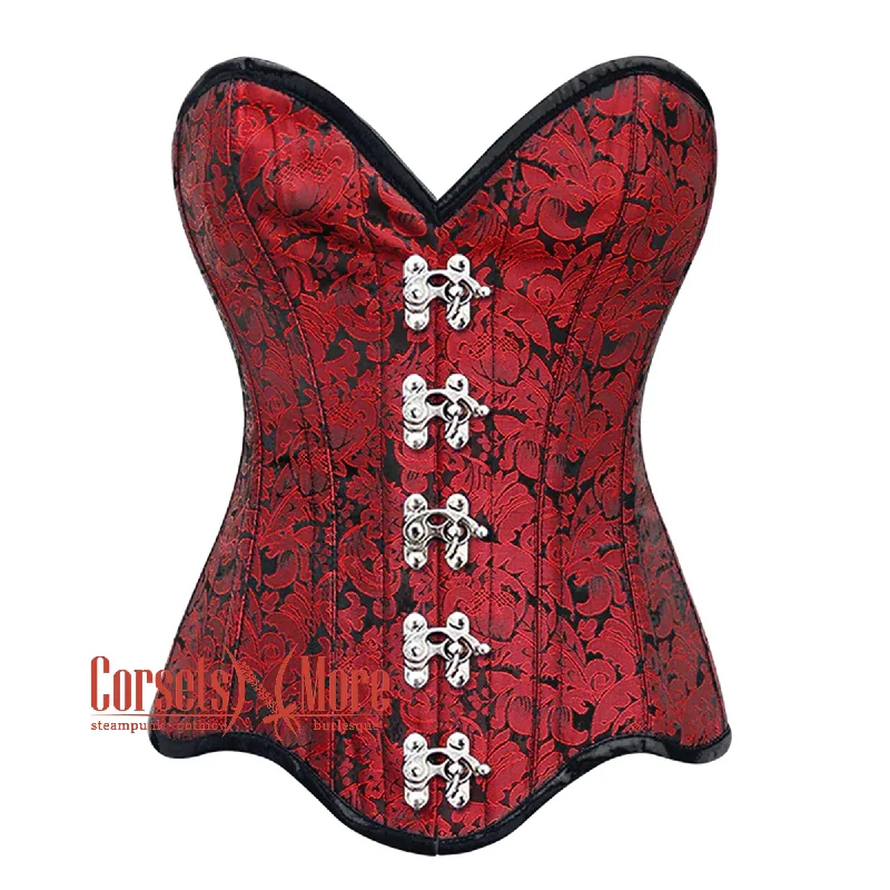 Corset top for casual wear-Plus Size Red Brocade Bottom With Curvy Design Front Clasps Steampunk Gothic Overbust Corset