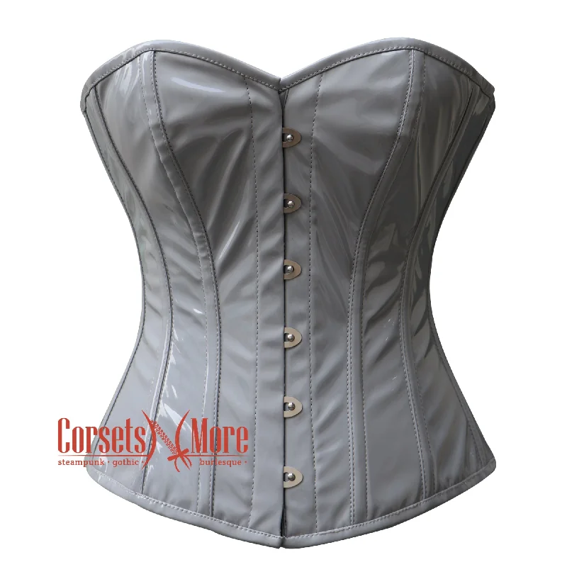 Corset in charcoal gray-Plus Size Grey PVC Leather Steampunk Overbust Corset