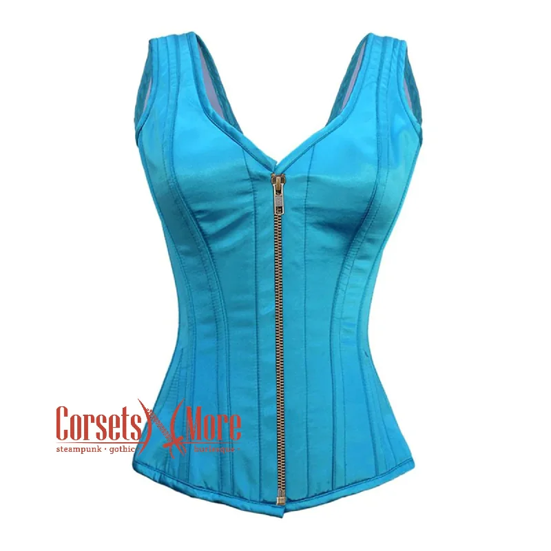 Corset top in pastel pink-Plus Size Baby Blue Satin With Antique Zipper Gothic Overbust Burlesque Corset Waist Training Top