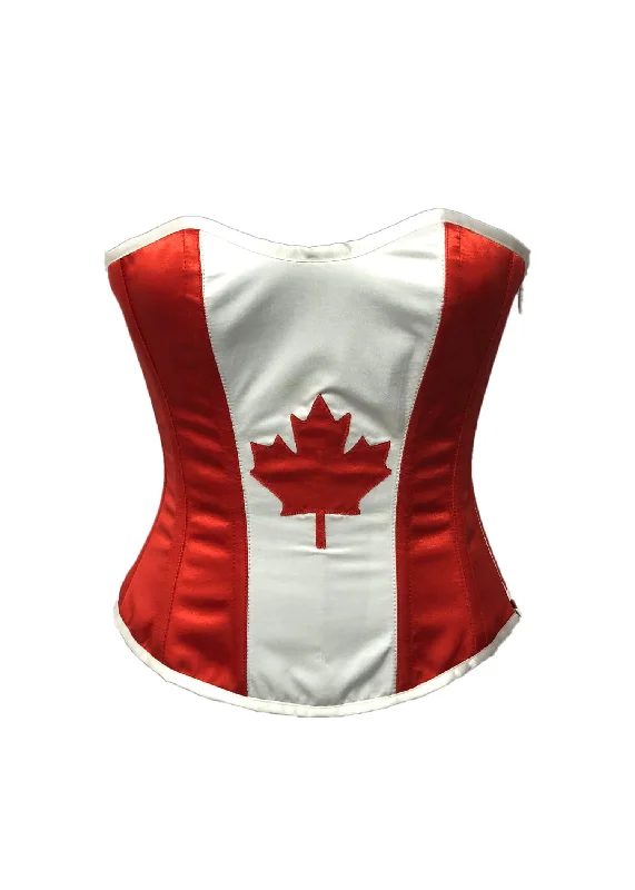 Corset with contrast stitching-Valentine Corset Red White Satin Canada Flag Burlesque Waist Training Overbust