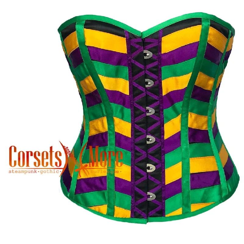 Corset with scalloped edges-Green Purple and Yellow Satin Multi Color Striped Costume for Mardi Gras Overbust Corset Top