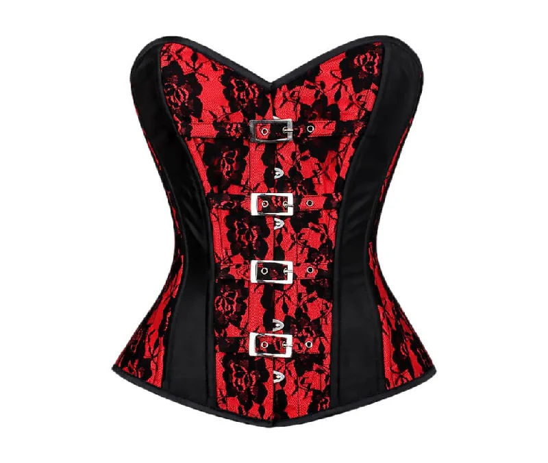 Corset for back curve support-Red Black Satin Net Burlesque Corset Waist Training Overbust Bustier