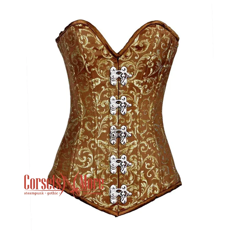 Corset with lace applique-Brown And Golden Brocade Long Front Clasp Burlesque Gothic Overbust Corset