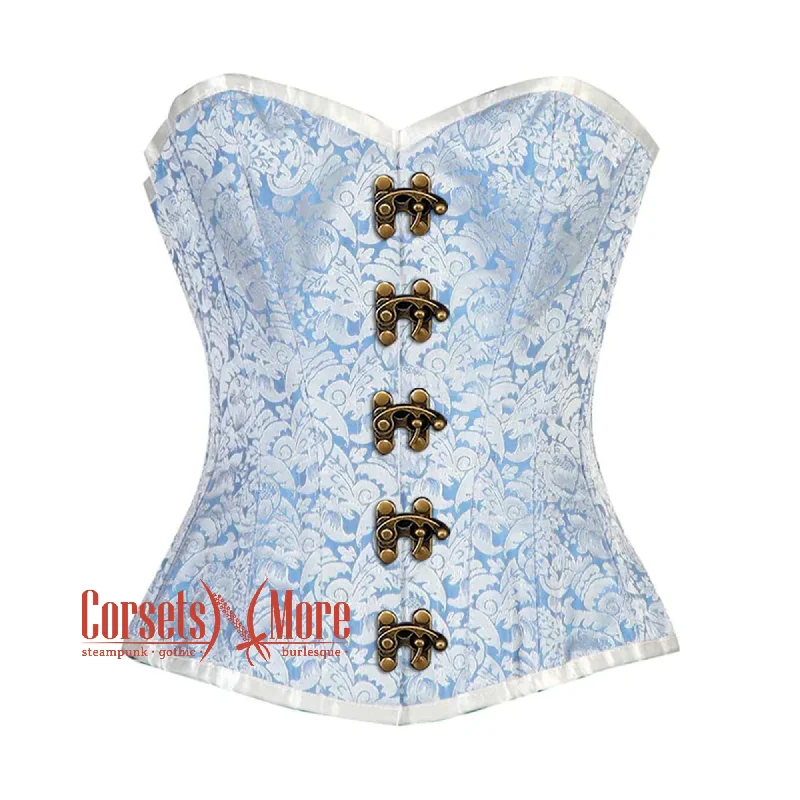 Corset for bridal wear-Blue And White Brocade Front Antique Clasps Burlesque Gothic Overbust Corset Bustier Top