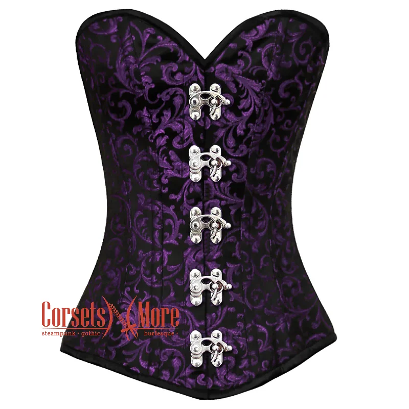 Corset top with balloon sleeves-Purple And Black Brocade Front Clasps Gothic Corset Burlesque Overbust Top