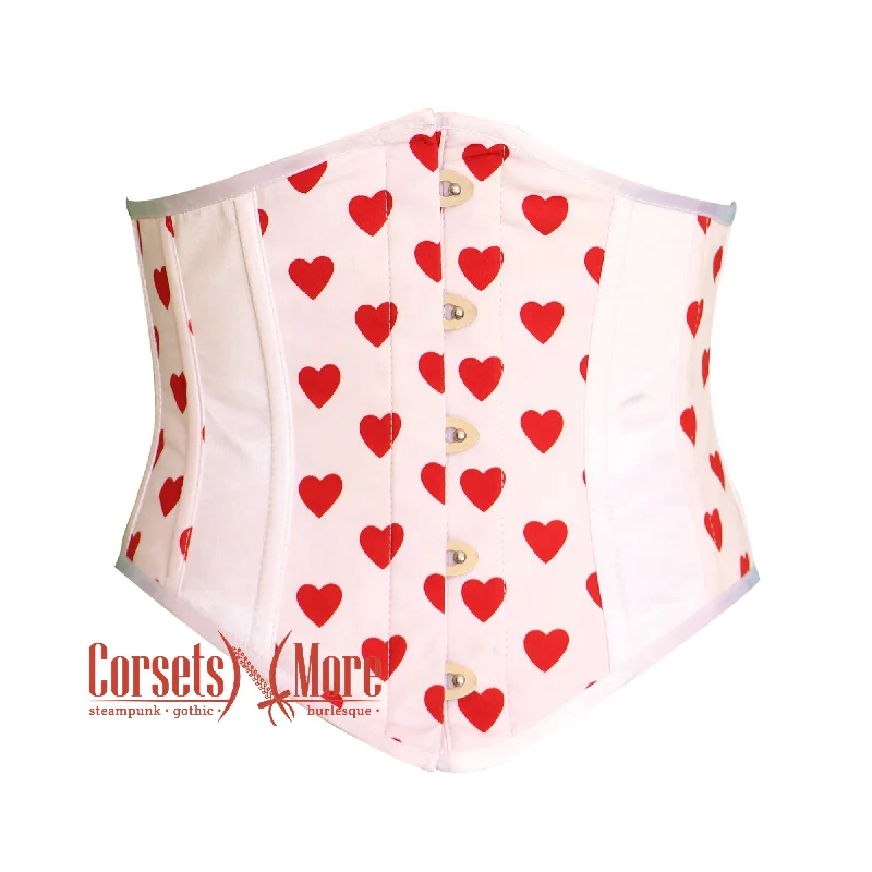 Corset for contoured fit-White Satin Heart Print Gothic Underbust Waist Trainer Corset Bustier Valentine Top