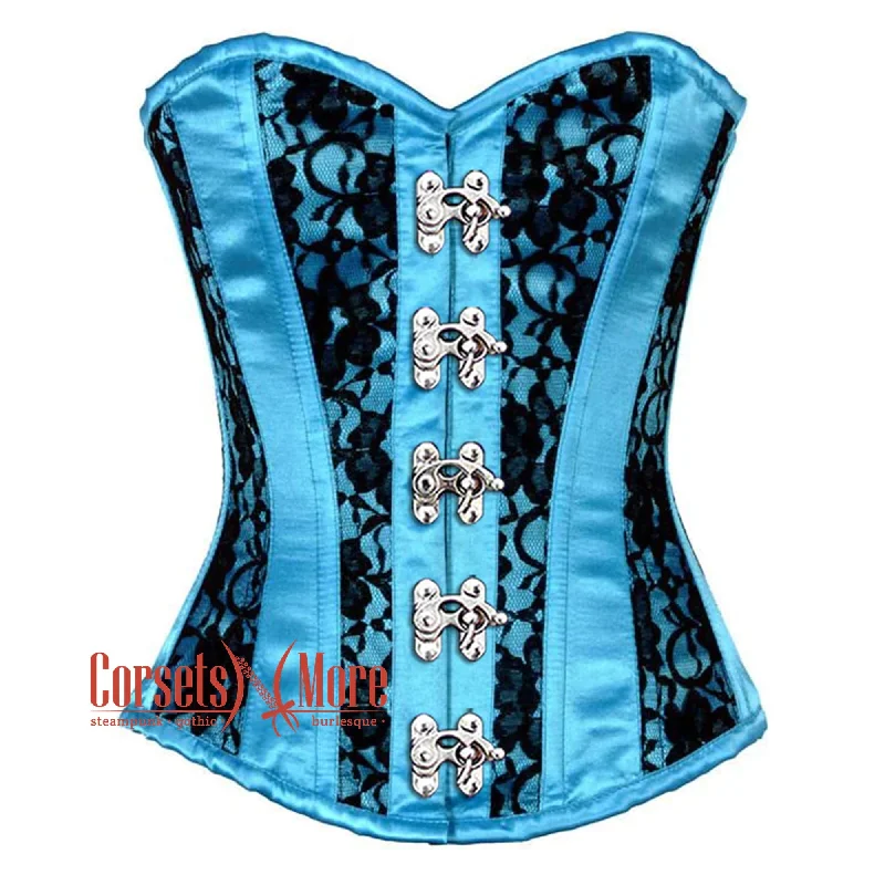 Corset top with off-shoulder-Plus Size Turquoise Satin With Black Net Gothic Overbust Burlesque Corset