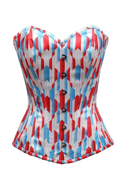 Corset with floral lace-up-Rylee Red White Blue Zig Zag Print Satin Overbust Corset