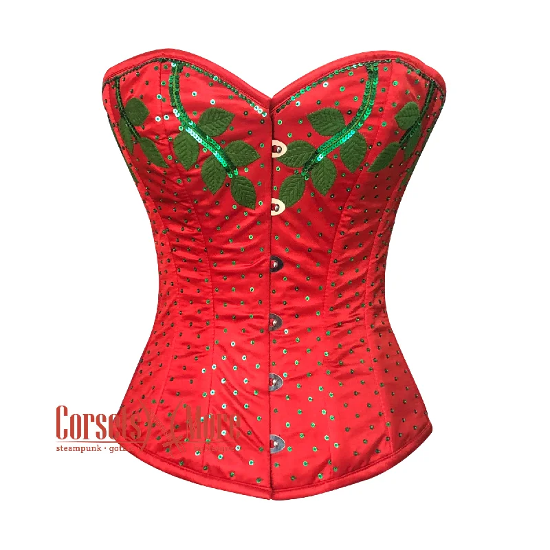 Corset with steel boning-Plus Size Red Satin Thread Sequins Work Burlesque Gothic Corset Top