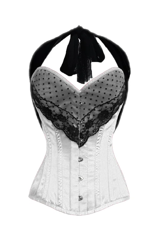 Corset with velvet straps-LONGLINE White Satin Corset Black Net Halter Neck Waist Training Overbust