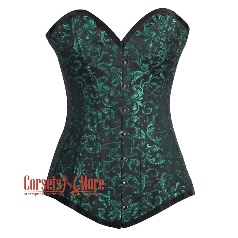 Corset dress with caped sleeves-Green And Black Brocade Longline Gothic Corset Burlesque Overbust