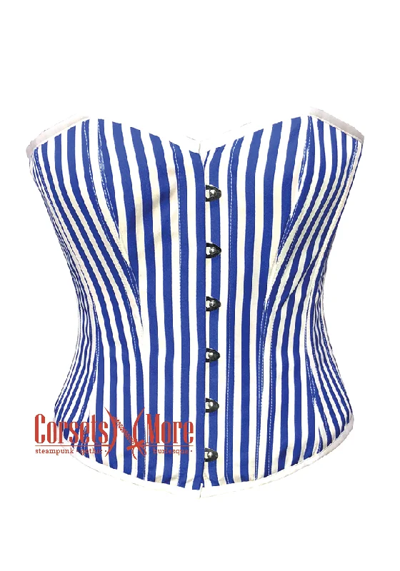 Corset dress with open back-Blue and White Vertical Striped Satin Gothic Costume Waist Training Overbust Bustier Top