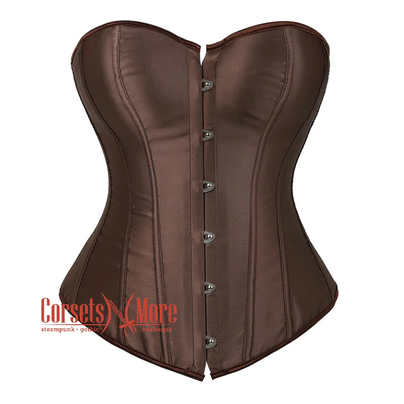 Corset dress with sheer train-Brown Satin Burlesque Waist Training Gothic Corset Overbust Top