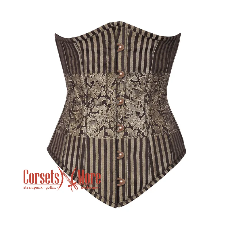 Corset in deep violet-Plus Size Brown and Golden Brocade With Front Antique Busk Gothic Long Underbust Corset