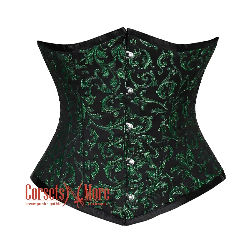 Corset dress with wrap skirt-Plus Size Green And Black Brocade With Front Silver Busk Underbust Corset Gothic Costume Bustier Top