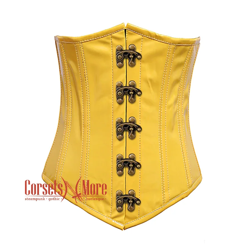 Corset with metallic threads-Plus Size Yellow PVC Leather With Front Clasps Gothic Long Underbust Waist Training Corset