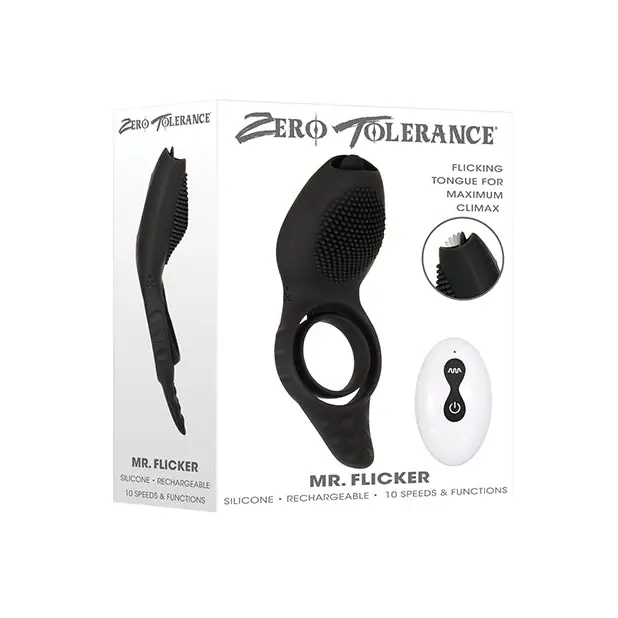 cock ring music sync-Zero Tolerance Mr. Flicker Rechargeable Remote-Controlled Flicking Tongue Vibrating Silicone Cockring Black