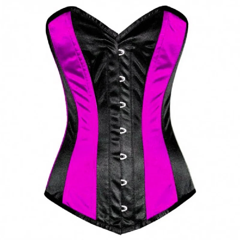 Corset top with flared hem-Purple Black Satin Gothic Burlesque Corset for Mardi Gras LONGLINE Overbust