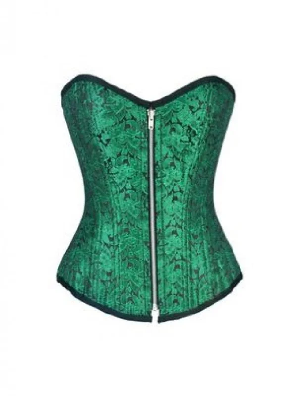 Corset in mustard yellow-Green Brocade Zipper Double Bone Burlesque Overbust Corset Waist Training Top