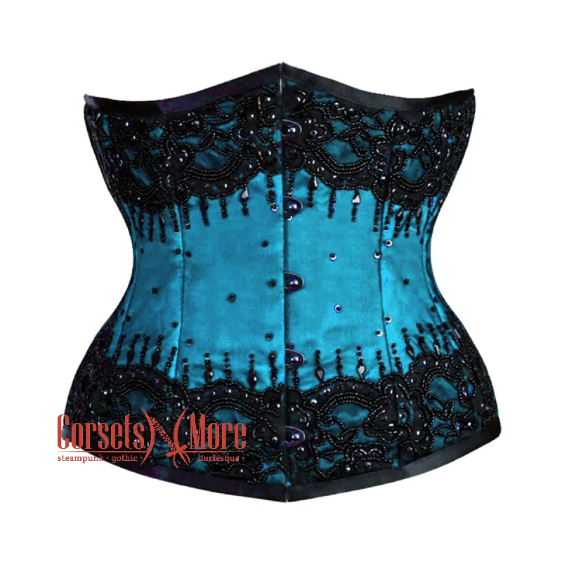 Corset top in geometric print-Plus Size Baby Blue Satin Black Sequins Burlesque Underbust Gothic Corset