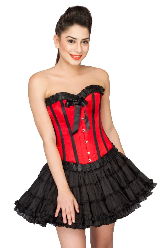 Corset dress with caped sleeves-Red Satin Black Frill Overbust Corset Top