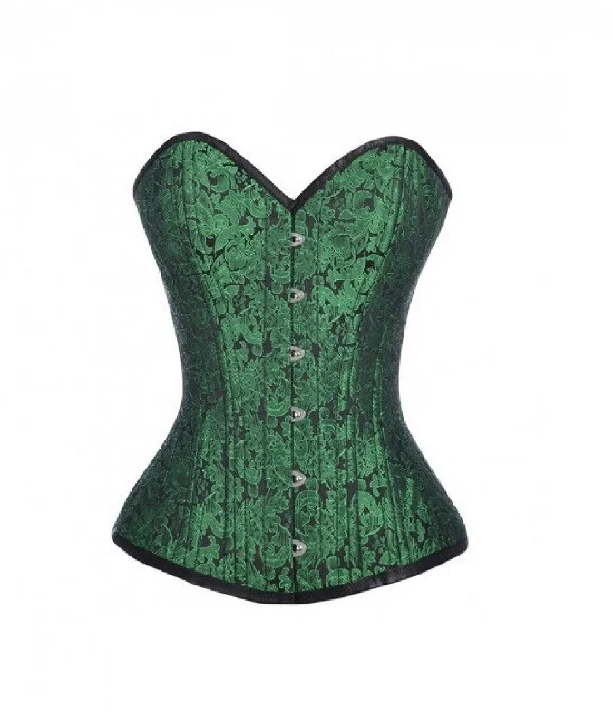 Corset dress with high-low hem-Green Brocade Busk Double Bone Burlesque Overbust Corset Waist Training